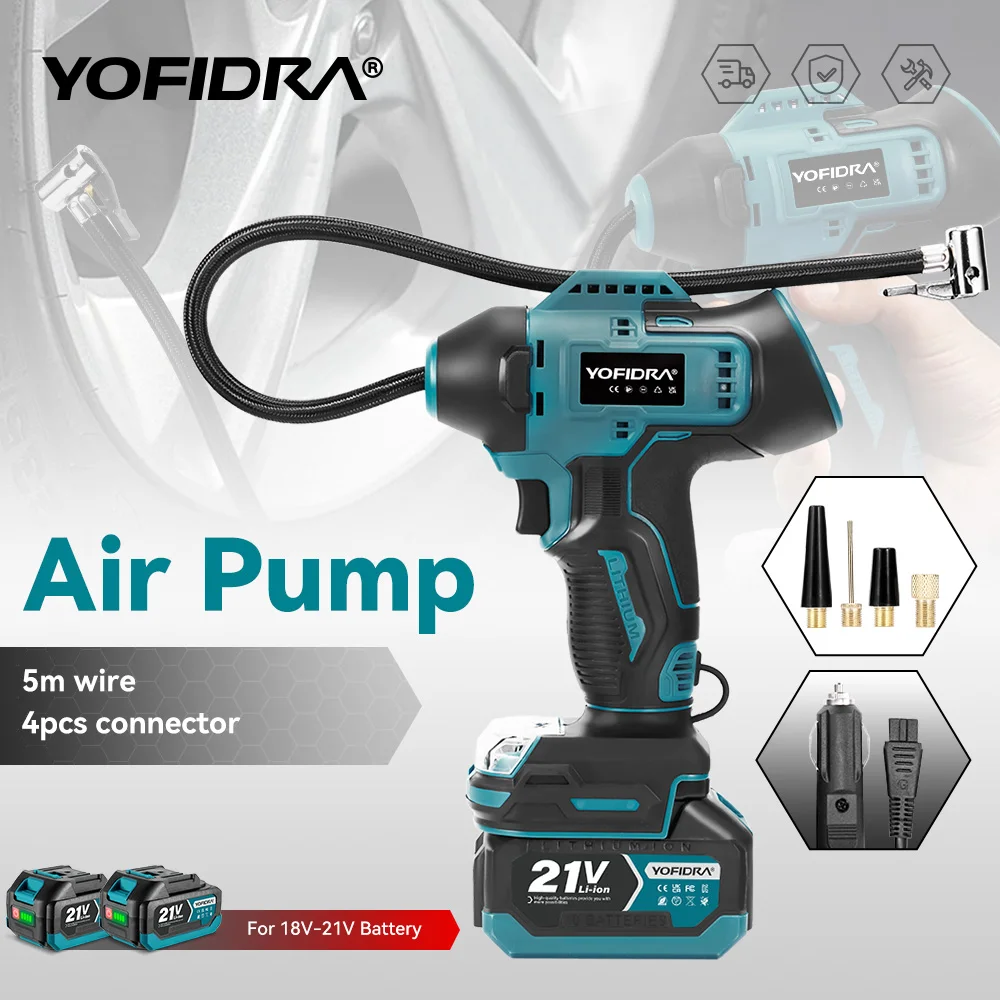 YOFIDRA Elektrische Luftpumpe Reifenfüller Hochdruck-Digitalanzeige Auto-Luftkompressor-Werkzeug für Makita 18-21V Akku