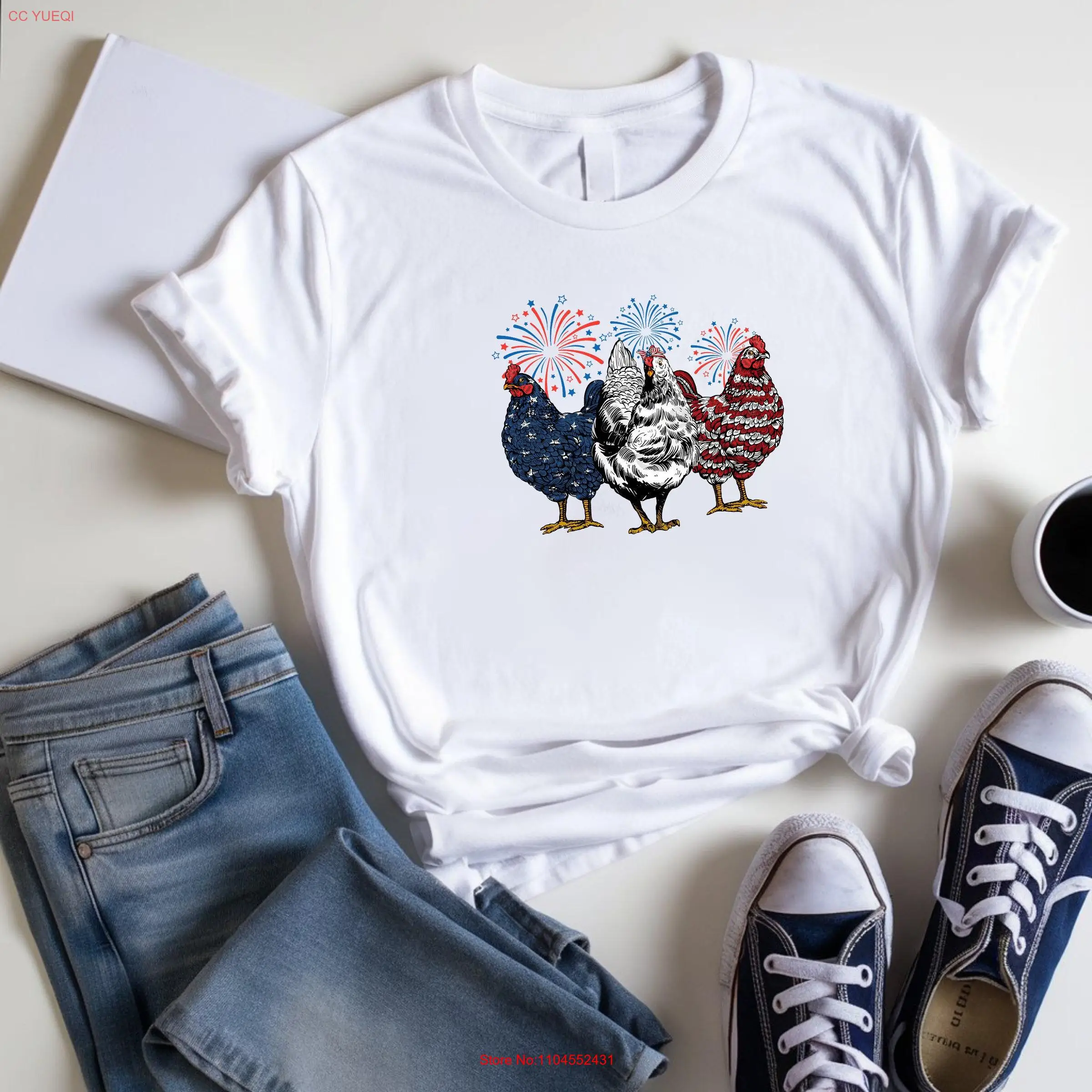 

Patriotic USA Chicken T Shirt 4th Of July Independence Day 1776 America Flag God Bless Fourth long or short sleeves