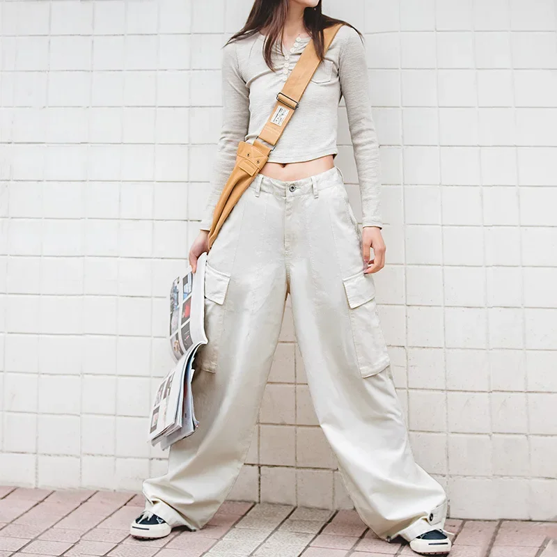 

Maden Large Pockets Cargo Pants for Women White Loose Wide-leg Pants Retro Versatile Mid-waist Causal Trousers Streetwear