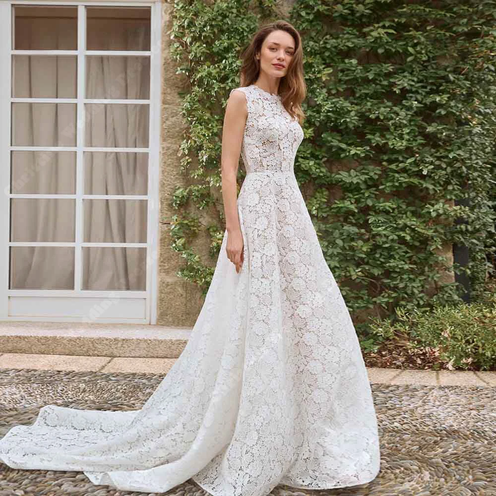 فساتين زفاف نسائية عالية الجودة بياقة دائرية مزينة بالدانتيل فساتين زفاف مأدبة Vestidos De Novias طول الأرض حسب الطلب #3