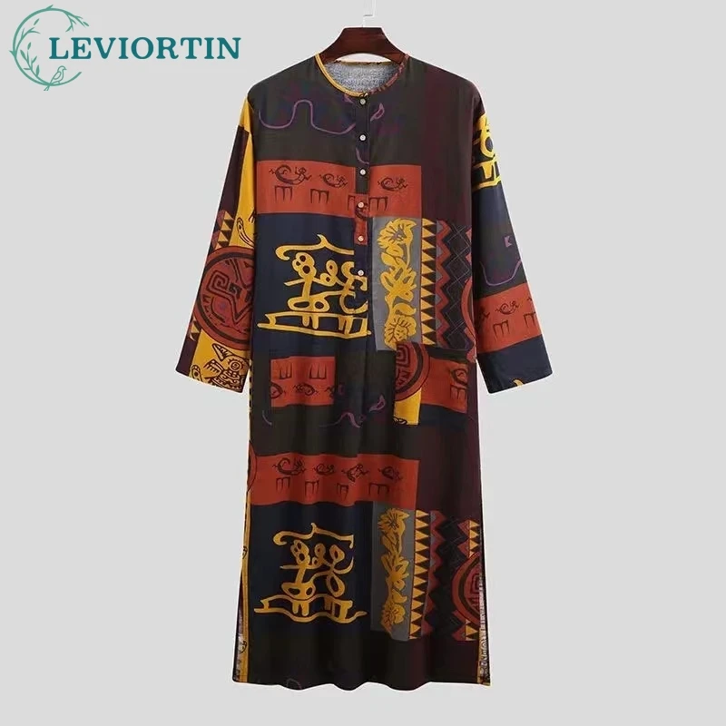 Casual African Kaftan Homme Muslim Robes Ethnic Print Long Sleeve Cotton Pockets Robes Islamic Arab Kaftan Men Dubai Abaya 2023