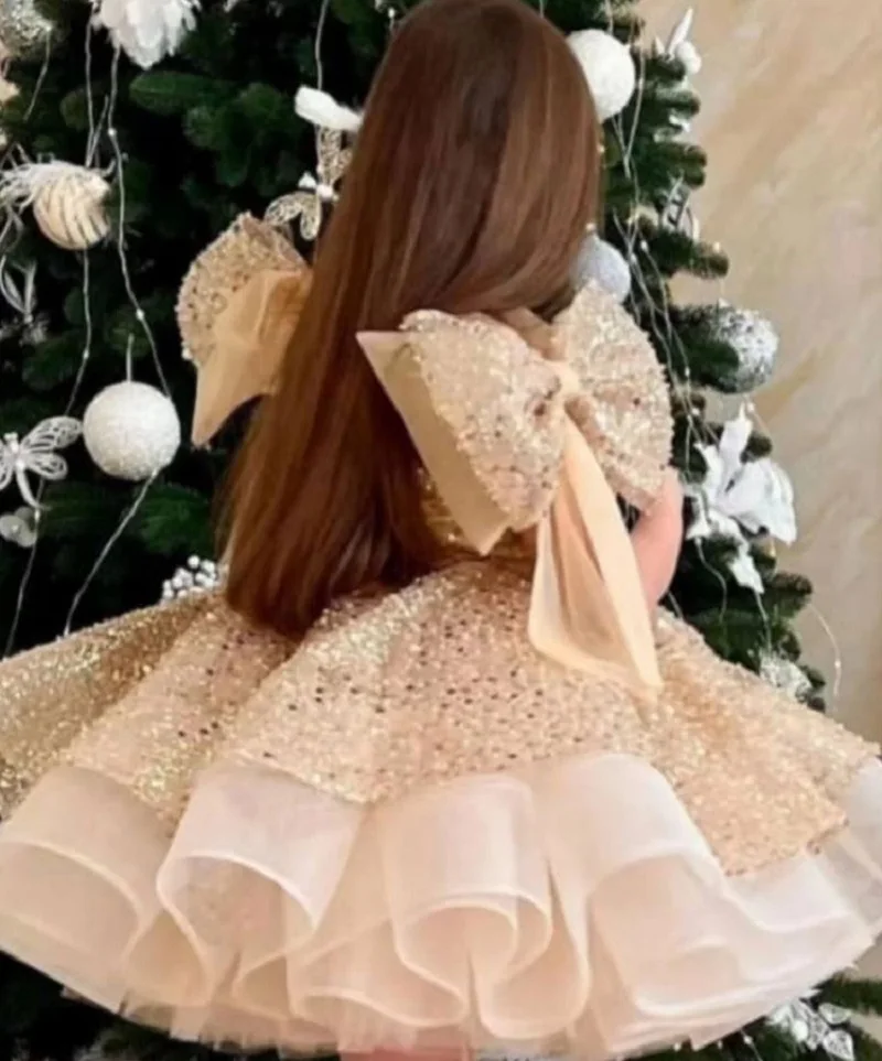 2024 New Elegant Girl\'s Evening Dress for Birthday Party with Sequin Big Bow and Fluffy Ballet Performance Girl\'s Princess Dress