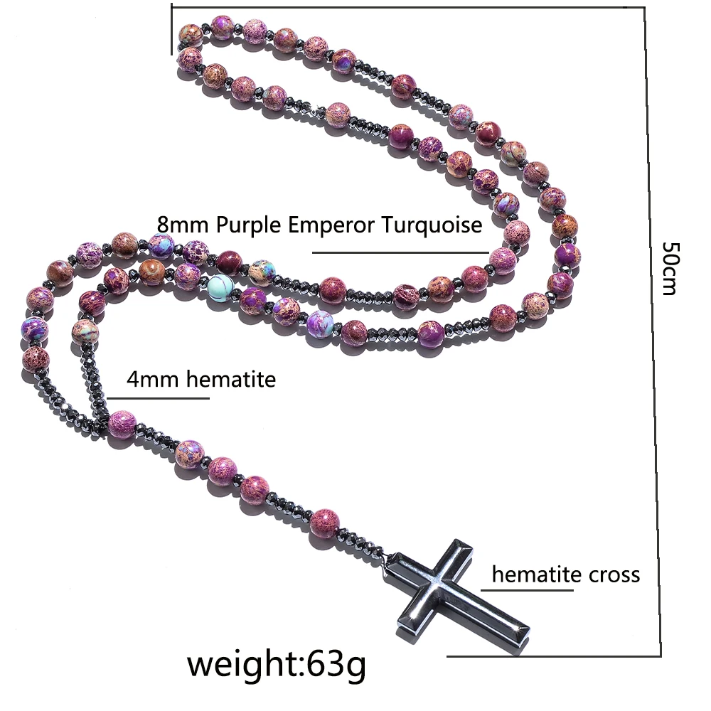 Natural Purple Emperor Jasper Catholic Christ Hematite Cross Pendant Necklace Meditation Mala Beads Rosary Men and Women Jewelry