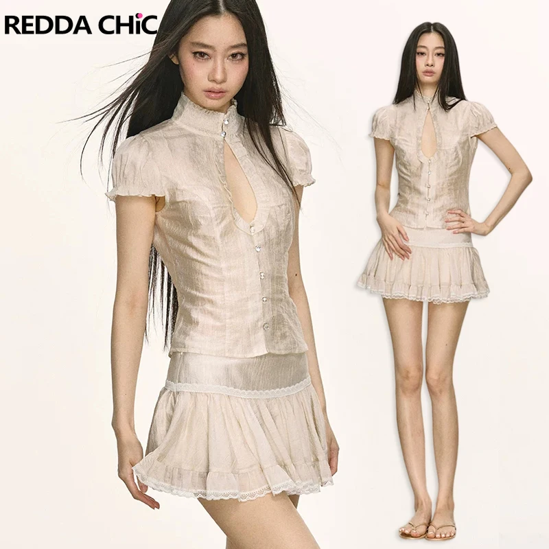 REDDACHiC Puff Short Sleeve Shirt Skirt Women Matching Set Retro Turtleneck Blouse Ruffle Mini Skirt Renaissance Summer Clothes