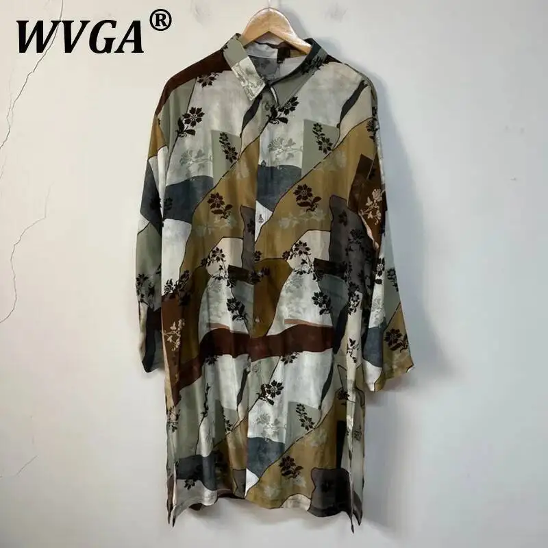 

WVGA Spring Autumn New Men Tide Original Design Vintage Printed Trendy Long Seelve Shirts Niche Chic Casual Mid Lengh Tops W7492