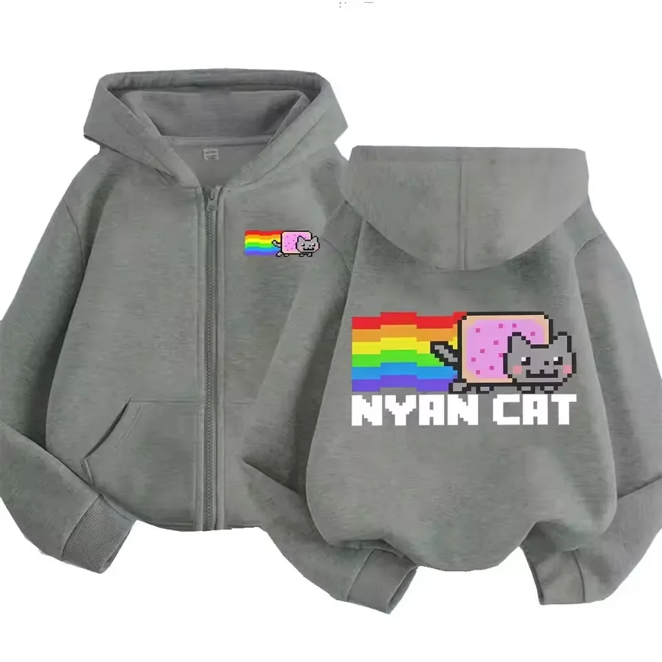 Heavy Pixel Rainbow Cat Zip Up Hoodie Black White Blue Grey Men Women Streetwear Casual Fashion Sweatshirt Tops Y2K