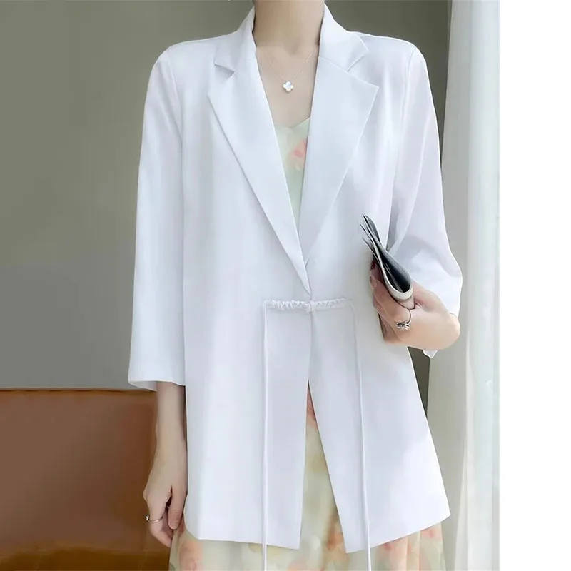 Chinese Style Suit Jacket Women\'s Blazer Spring Autumn Medium Length 3/4 Sleeved Suit Top High End Satin Surface Coat Female