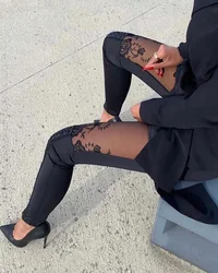 Sexy Streetwear Women Casual 2025 High Waist Sheer Mesh Lace Embroidery Patch Skinny Pants Sexy Pencil Pants Black Y2k Clothes