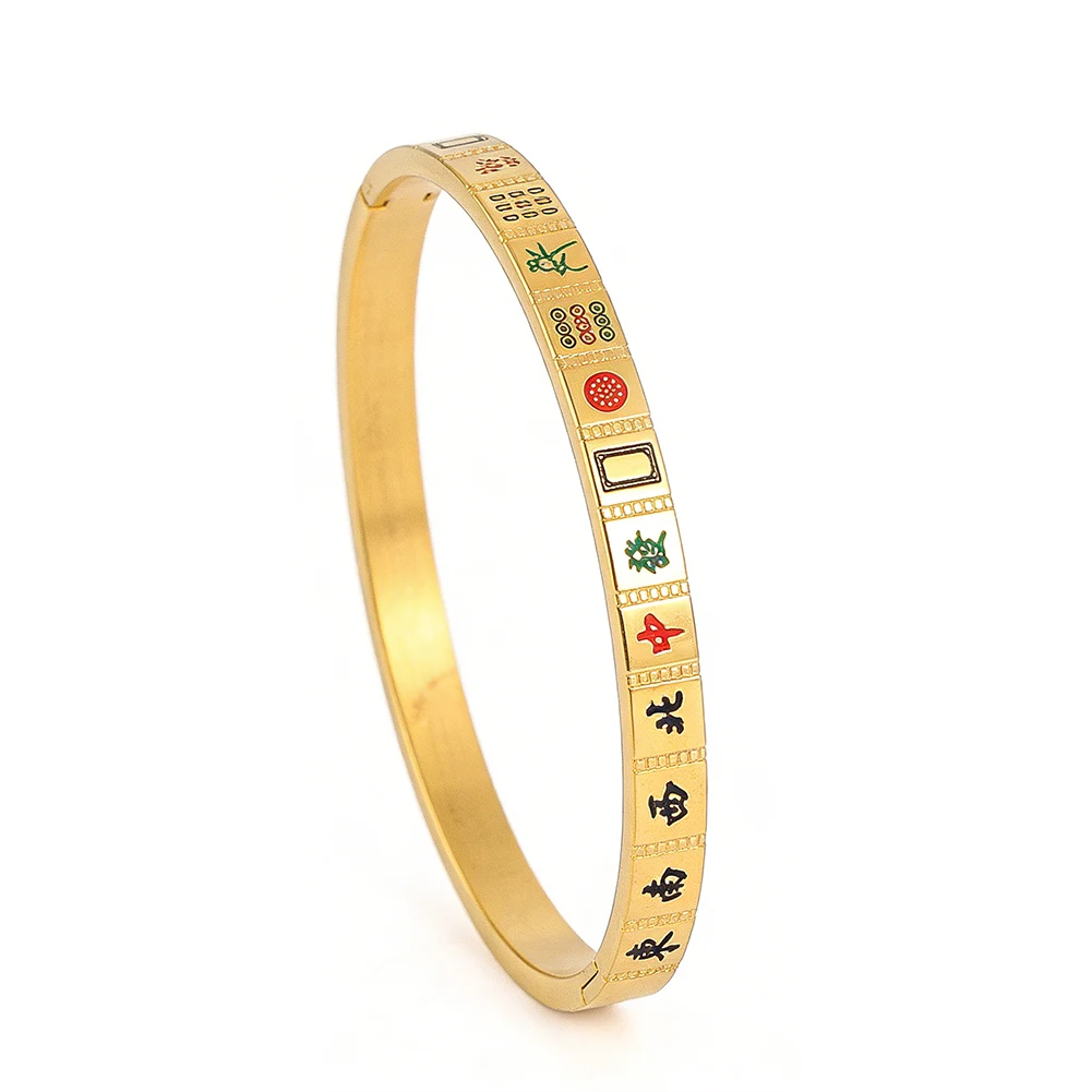 Metal Laser-Engraved Chinese-Style Thirteen Orphans Gold Color Open Bangle Mahjong Prosperity Amulet for Wealth and Blessings