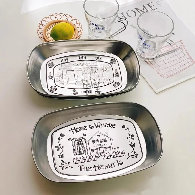 الرجعية صينية من الفولاذ المقاوم للصدأ النمط الأمريكي المموج الحديد المنزل استخدام طبق عشاء وجبة خفيفة صينية للفاكهة طاولة شاي تخزين نزهة صينية #4