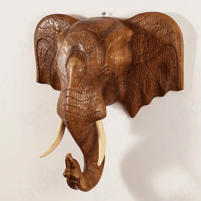 

European Solid Wood Statue Hand Carved Elephant Decorative Living Room Wall Hanging Modern Entrance Home Decoration Ornaments