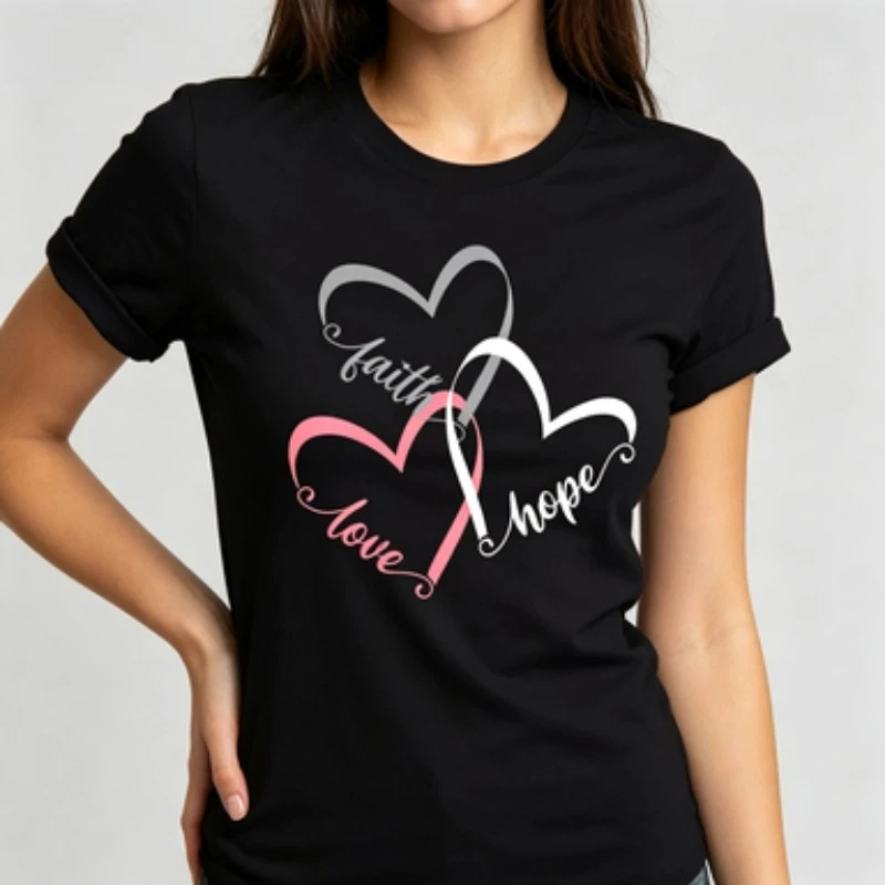 Womens Cotton Slim Fit Round Neck Tee Faith Hope Love Intertwined Hearts Graphic Casual Daily Women T-Shirt