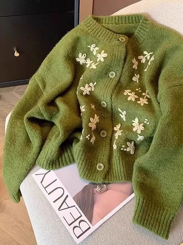 

Вязаный свитер очень большого размера в стиле ретро с вышивкой, круглый вырез, открытый кардиган для мужчин и женщин, весенний дизайн, утолщенный.