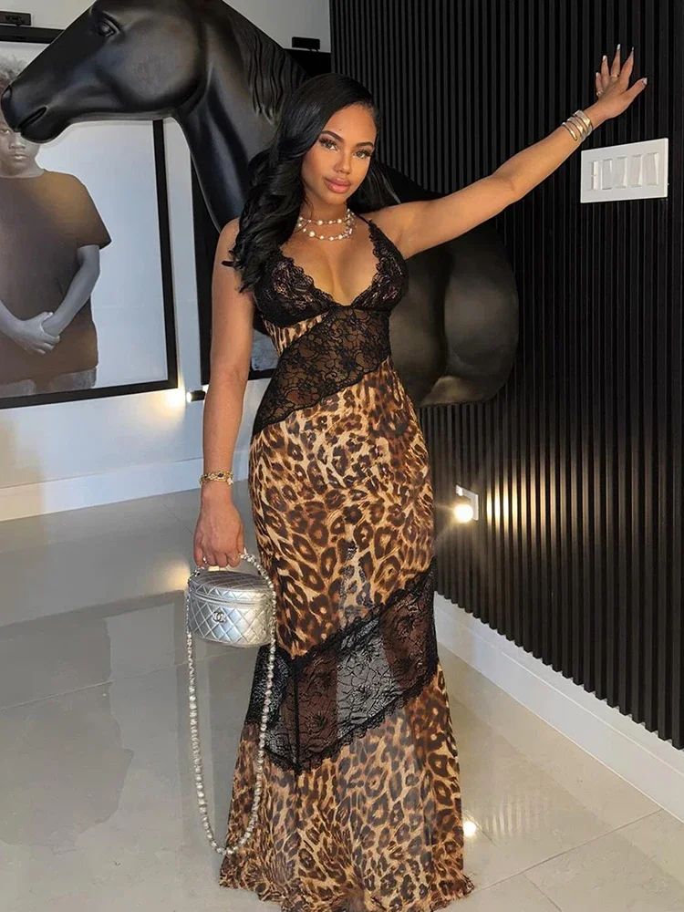 Vestido de sirena de retales de malla con diseño de gato extraño para mujer, vestido Sexy con estampado de leopardo y escote bajo, Espalda descubierta, fruncido, moda de medianoche, ceñido largo