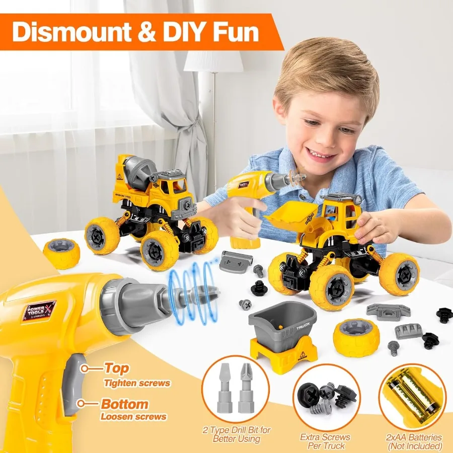 Jouets à démonter pour garçons de 4 ans, 4 pièces, jouets de Construction avec perceuse électrique, assemblage de bricolage, jouets à tige de Construction, camions cadeaux pour
