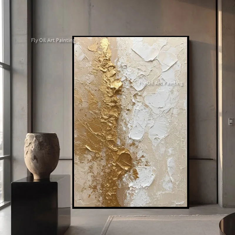 100% Handcrafted Textured Canvas Art, Hand Painted Gold Relief Oil Painting, Wabi-Sabi Living Room Wall Hanging