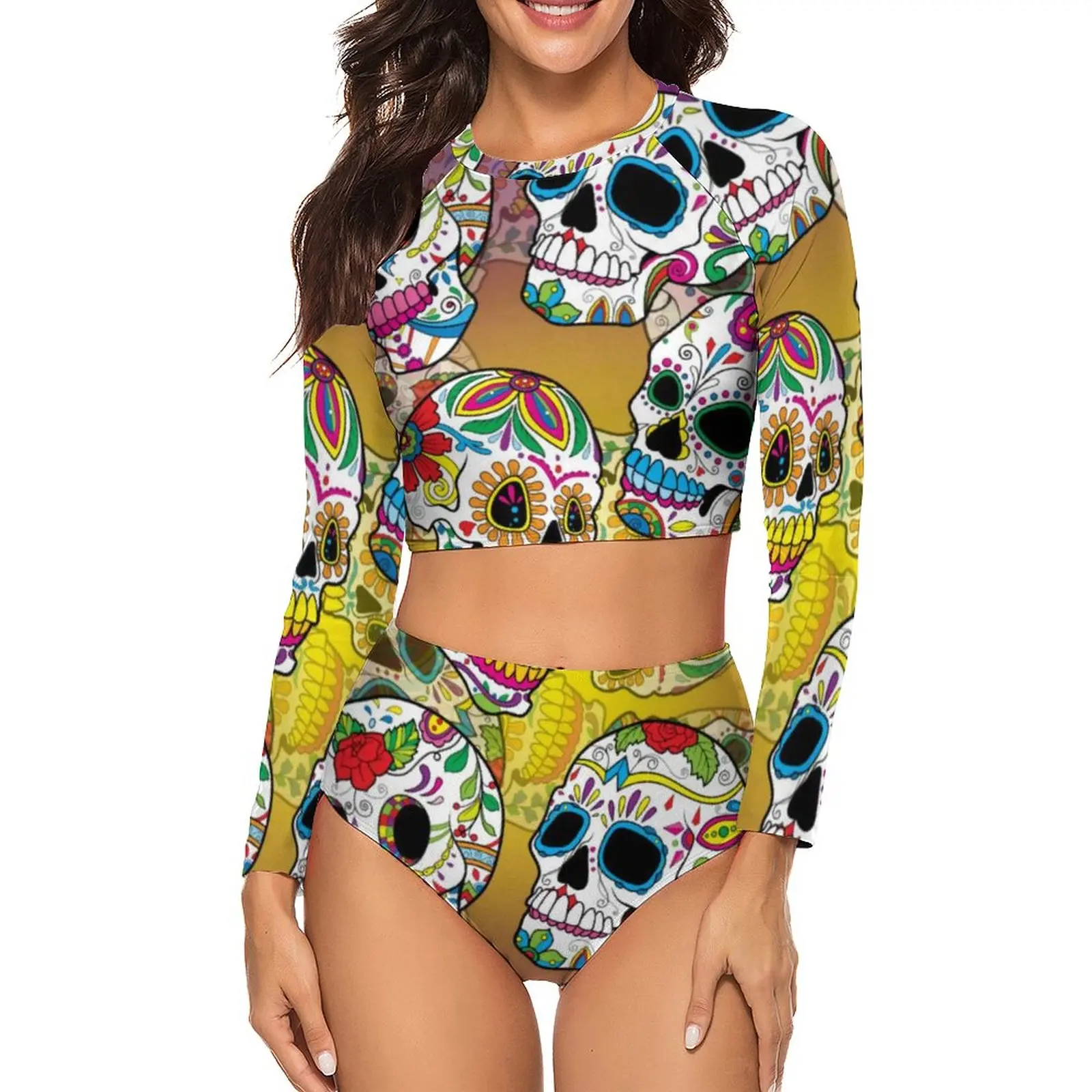 

Skeleton Floral Print Bikini Swimsuit Sexy Sugar Skulls Long Sleeve Bikini Set Women 2 Piece Swimwear Graphic Bath Bathing Suit