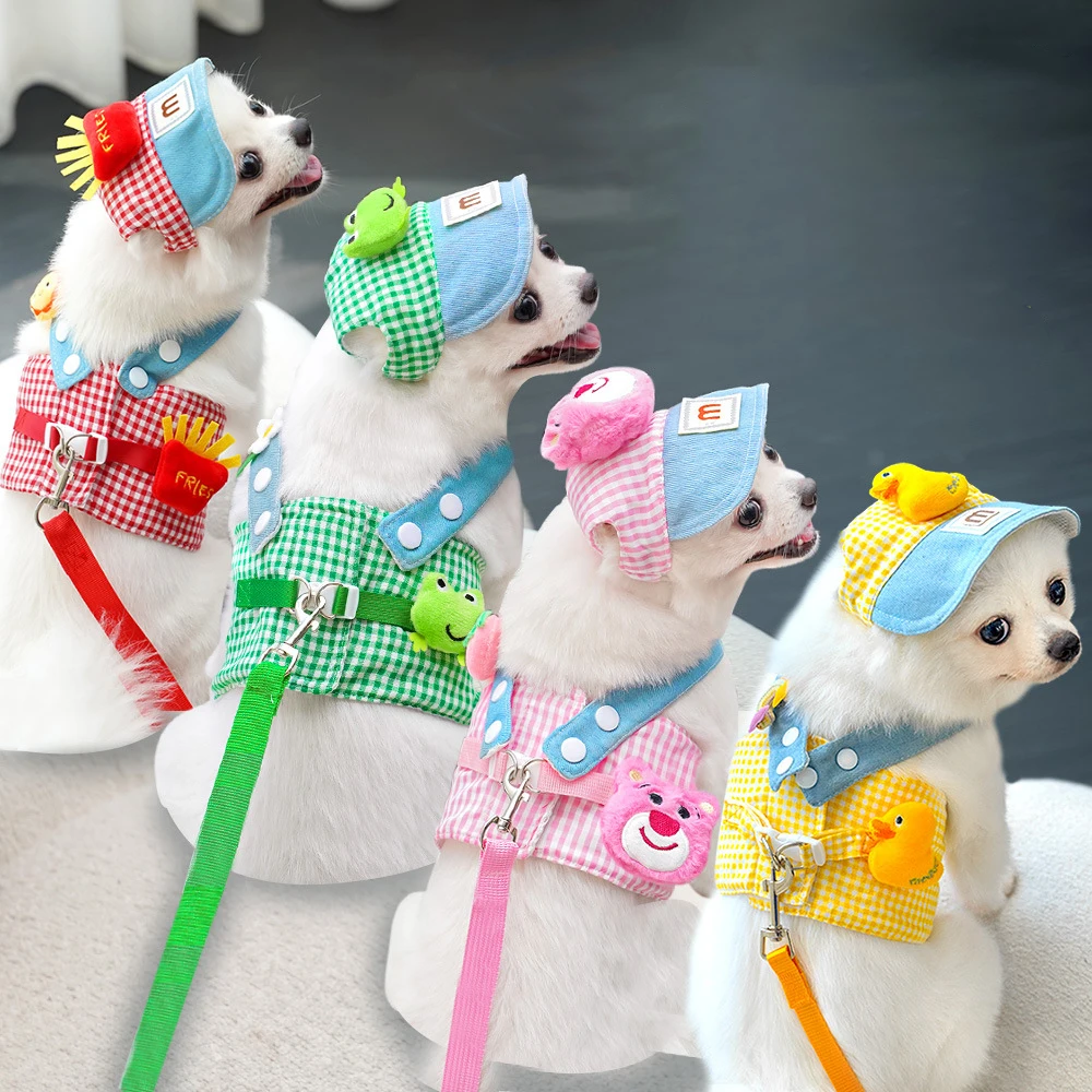 

Cute Cartoon Pet Chest Strap Cat Puppy Outdoor Walking Traction Rope Small Dogs Harness Clothes and Leash Outing Sun Hat Set