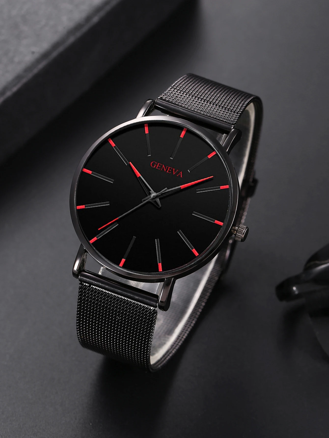 Classic fashion Alloy graduated men\'s mesh band quartz watch with Necklace Ring Bracelet Set Party Party Gift collection