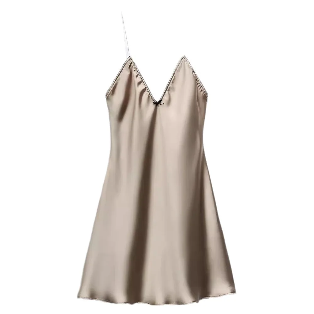 

Women's Fashion Satin Solid Backless Zip Mini Dresses Vintage Spaghetti Straps V Neck Women's Chic Lady Dresses Sexy Club