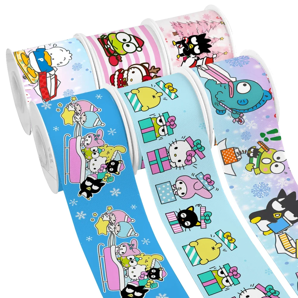 Sanrio Character Pattern Christmas Printed Grosgrain Satin Ribbon for Gift Wrapping Hair Bow Craft Accessory 50 Yards