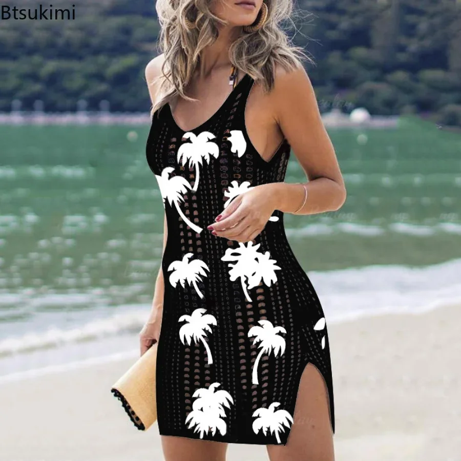 New 2024 Summer Mini Beach Dress for Women Star Flag Print Cover Ups Female Large Split Swimsuit Coverup Woman Beach Cover Up