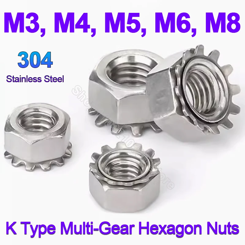 5-100pcs M3 M4 M5 M6 M8 K Nut 304Stainless Steel Lock Kep Multi-Gear Hexagon Nuts K Type Multi Tooth Anti-loose Serrated Hex Nut