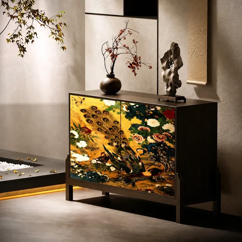 Song Style Zen Peacock Peony Screen Cabinet Entrance New Chinese Style Living Room Tea Room Hotel Solid Wood Partition Seat