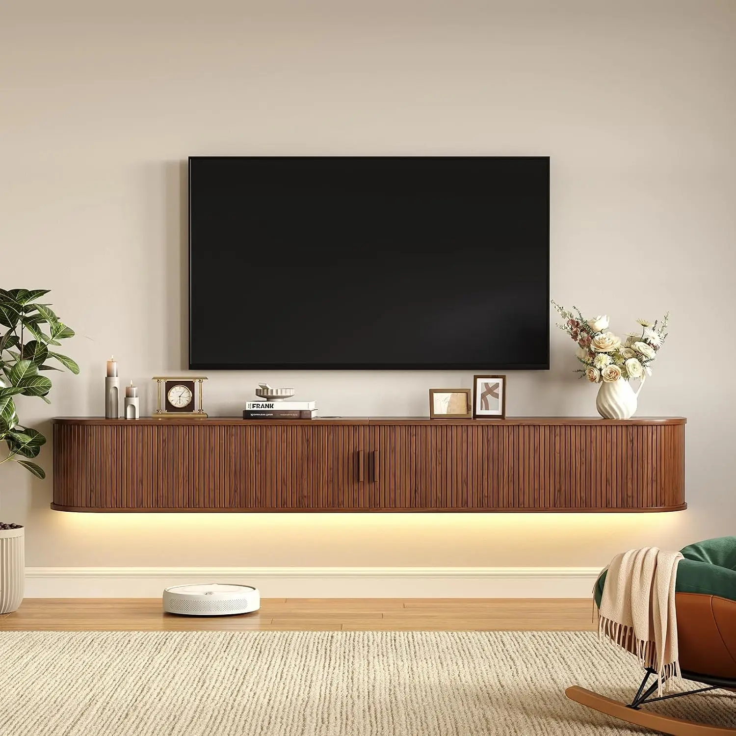 71 Inch Floating Tv Stand Power Outlet Fits 80 Inch Walnut Fluted Entertainment Center Remote Led Light Mid Century Modern Tv Co