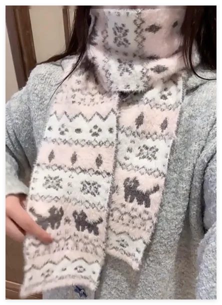 

2025 New Cute Cartoon Jacquard Knitted Scarf Autumn Winter Retro Sweet Warm Soft Versatile Scarves Apparel Accessories for Women