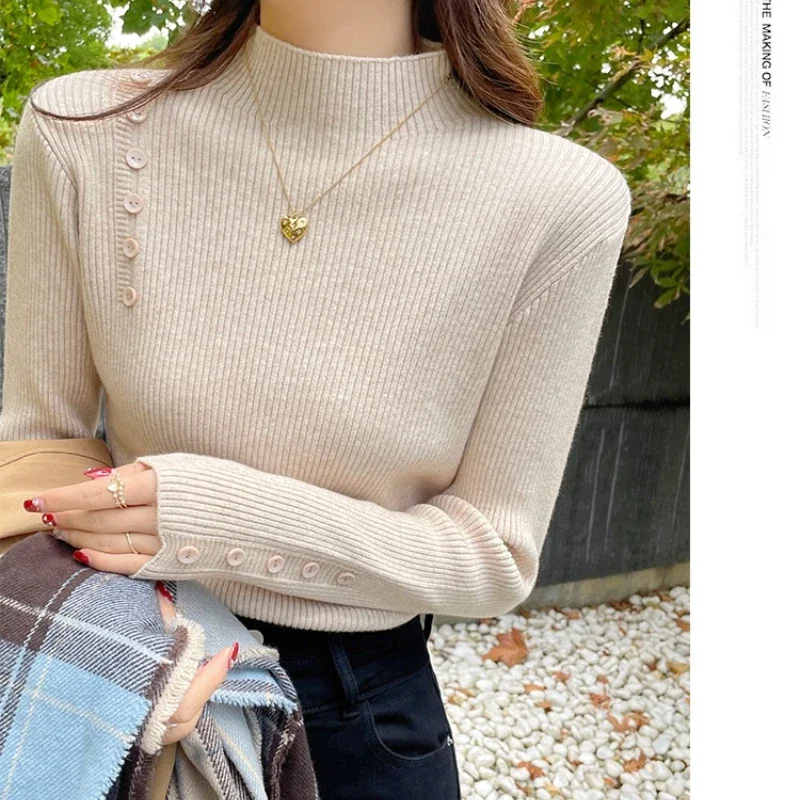 

New Spring Autumn Mock Neck Slim Skinny Elastic Knitted Women Pullover Sweater Tops Female Long Sleeve Knit WomenTops