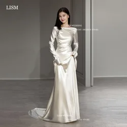 LISM Vintage Silk Soft Satin Light Champagne Evening Dresses O-Neck Full Sleeves Mermaid Prom Gown For Korean Women Formal Dress