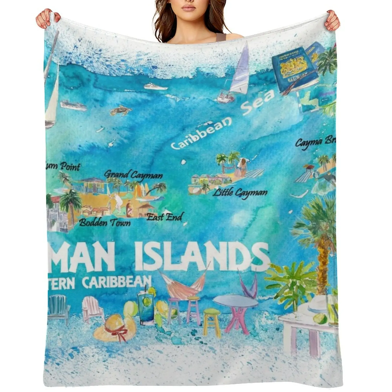 Cayman Islands Illustrated Travel Map with Roads and Highlights Throw Blanket Decorative Sofas Custom Winter beds Blankets