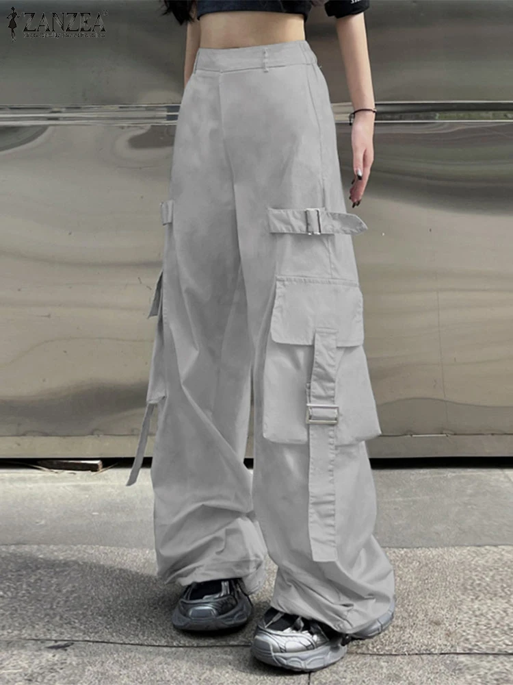 

ZANZEA Fashion Women High Waist Baggy Trousers Summer Cargo Pants Y2k Style Wide Leg Pant Streetwear Loose Pantalon 2025