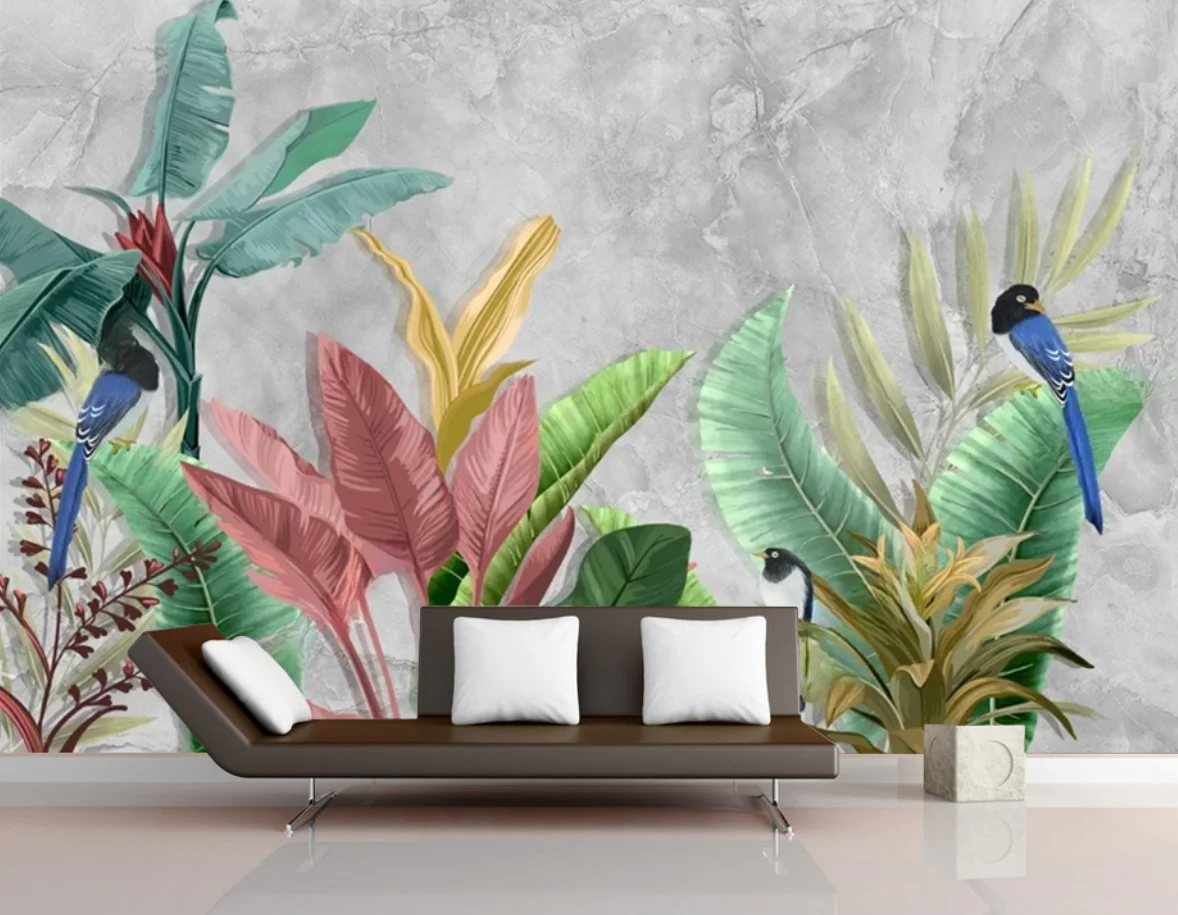 Custom wallpaper Hand drawn tropical rainforest plants and birds animal background mural home decoration murals 3d wallpaper