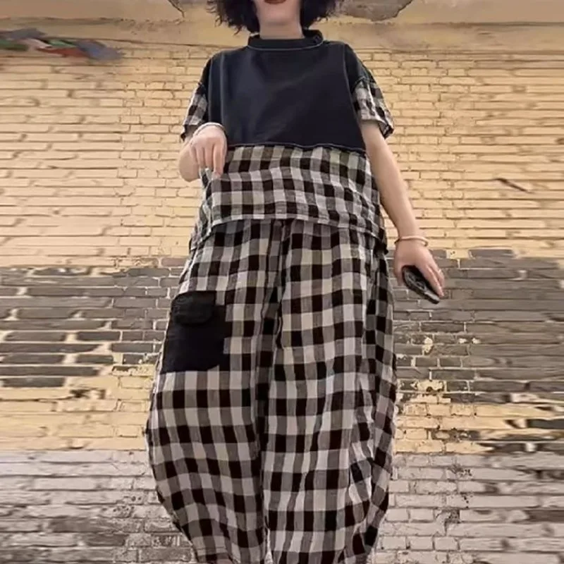 2025 New Spring Retro Cotton Linen Womens Two Peice Sets Fashion Splicing Plaid Short Sleeved Top and Casual Loose Pants Set