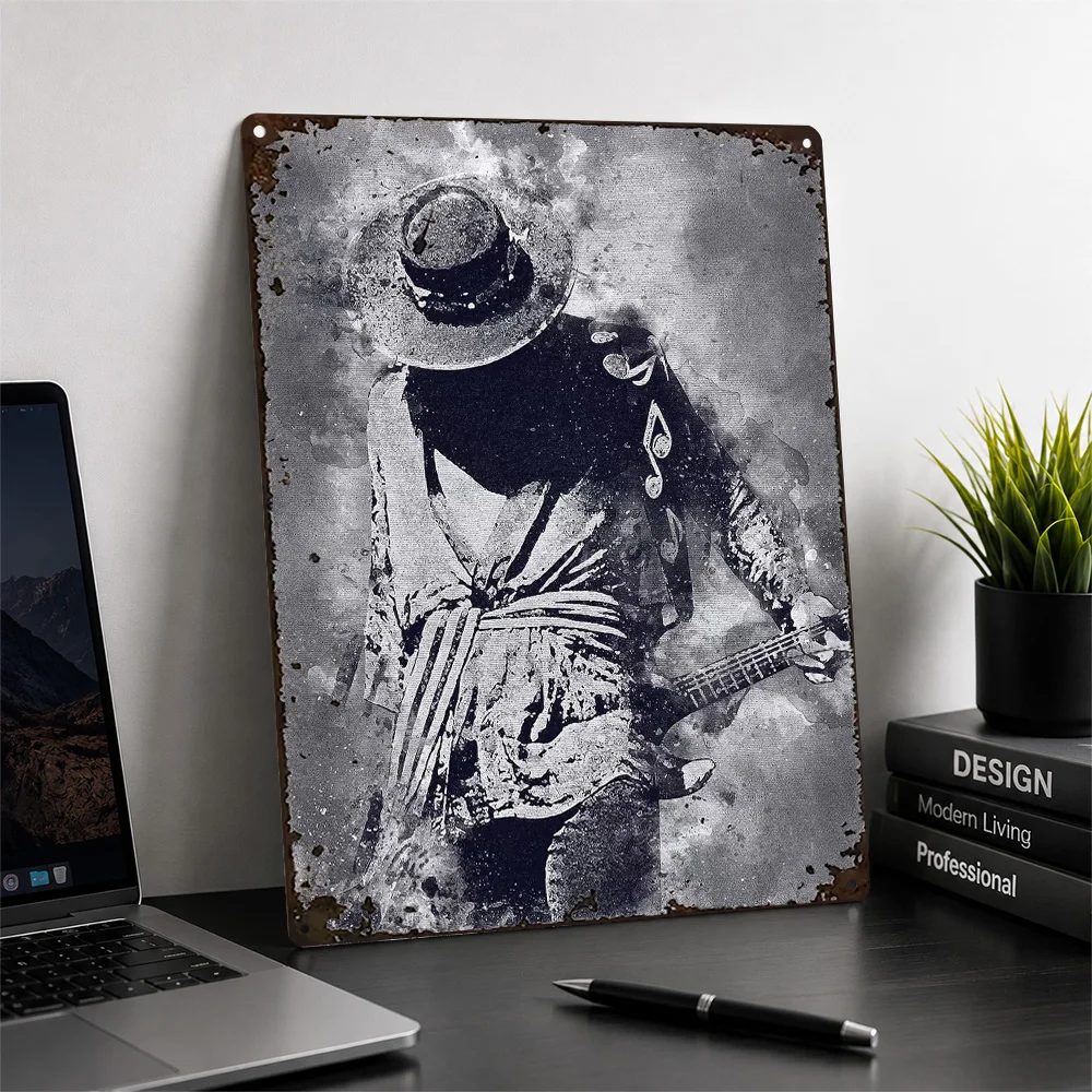 Stevie Ray Vaughan With Guitar Aluminum Poster Watercolor Wall Art For Music Studio Personalized Metal Sign Musician Gift Idea