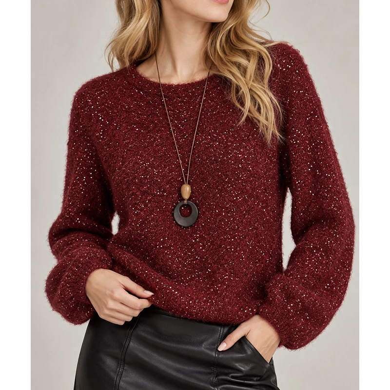 Burgundy Sequin Fuzzy Knit Sweater Women Round Neck Long Sleeve Loose Soft Glitter Pullover Jumper Fall Winter Casual Tops
