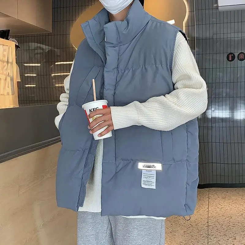 

Men's Loose Fit Cotton Vest Casual Street Style Unisex Waistcoat with Stand Collar Warm Sleeveless Jacket for Autumn Winter