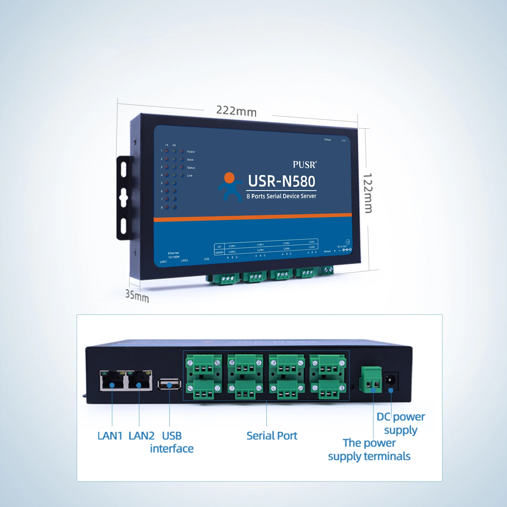 

USR-N580 Преобразователь последовательного порта в Ethernet Rs485 8 портов SSL/TLS со шлюзом Modbus MQTT