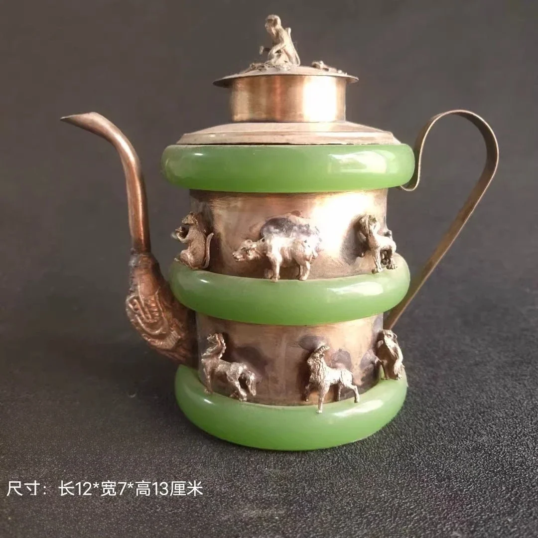 Decoration Ancient Handmade Jade Inlay silver 12 Zodiac TeaPot monkey lid Tea pot Handwork Statue Tibet Miao Antique Old Silver