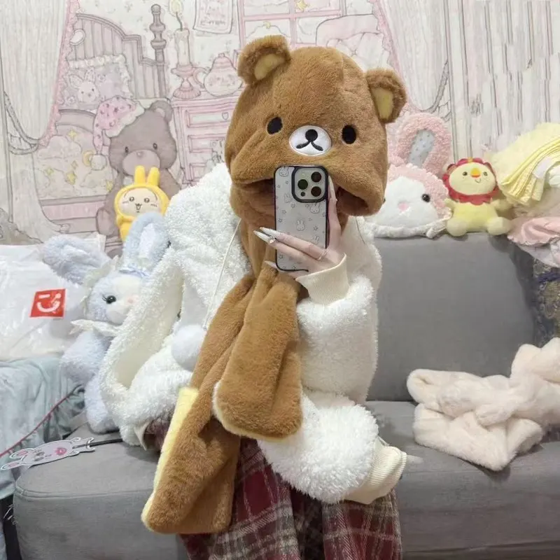 Set 3 in 1 Rilakkuma: Cappello, Sciarpa e Guanti a Forma di Orsetto, Caldo e Morbido per l'Inverno, Protezione per Viso, Orecchie e Collo per Donne e Ragazze, Uso Quotidiano all'Aperto