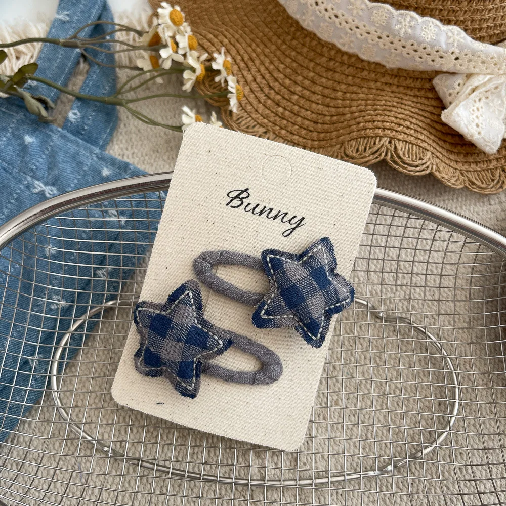 Vintage Plaid Hair Clips 2PCS Gray Blue Apple Design Fabric Snap Clips for Girls Side Bangs Non-Damage Barrettes view 6
