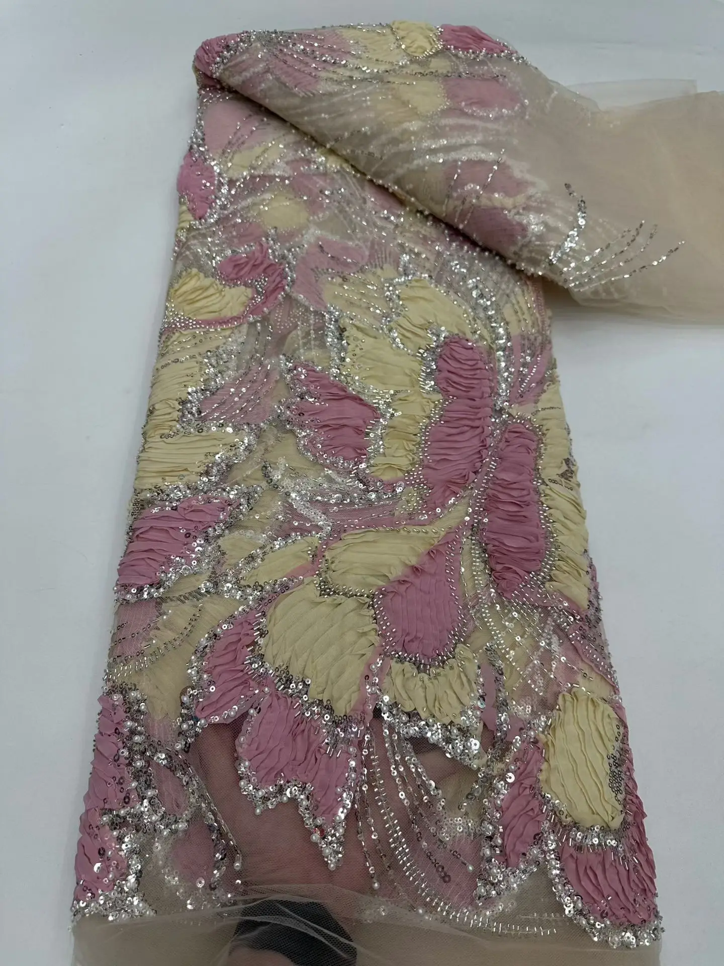 Luxury French Embroidery Beaded Sequins Lace Fabric for Wedding Dress African Nigerian Style Sewing Material 2026