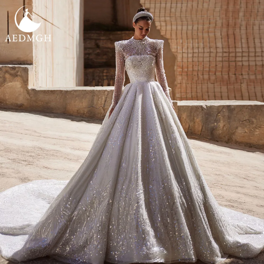 

Aedmgh бальное платье принцессы свадебные платья с высоким воротом роскошное Vestido De Novia кружево с бисером и блестками королевские свадебные платья на заказ