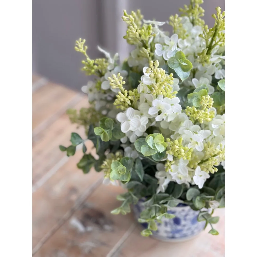 Gedroogde Bloemen, Boerderij, Cottage-Stijl Het Hele Jaar Door Tafelblad Witte Lila En Zachtgroene Eucalyptus, Gedroogde Bloemen