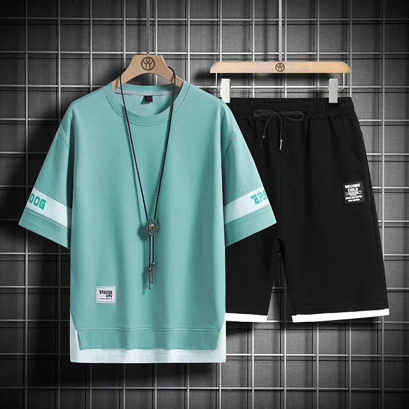 

2026 Summer Man Summer Outfits Set Hip Hop Tracksuit T-shirt and Shorts Two Piece Set Men Patchwork Color Streetwear Outfit Set
