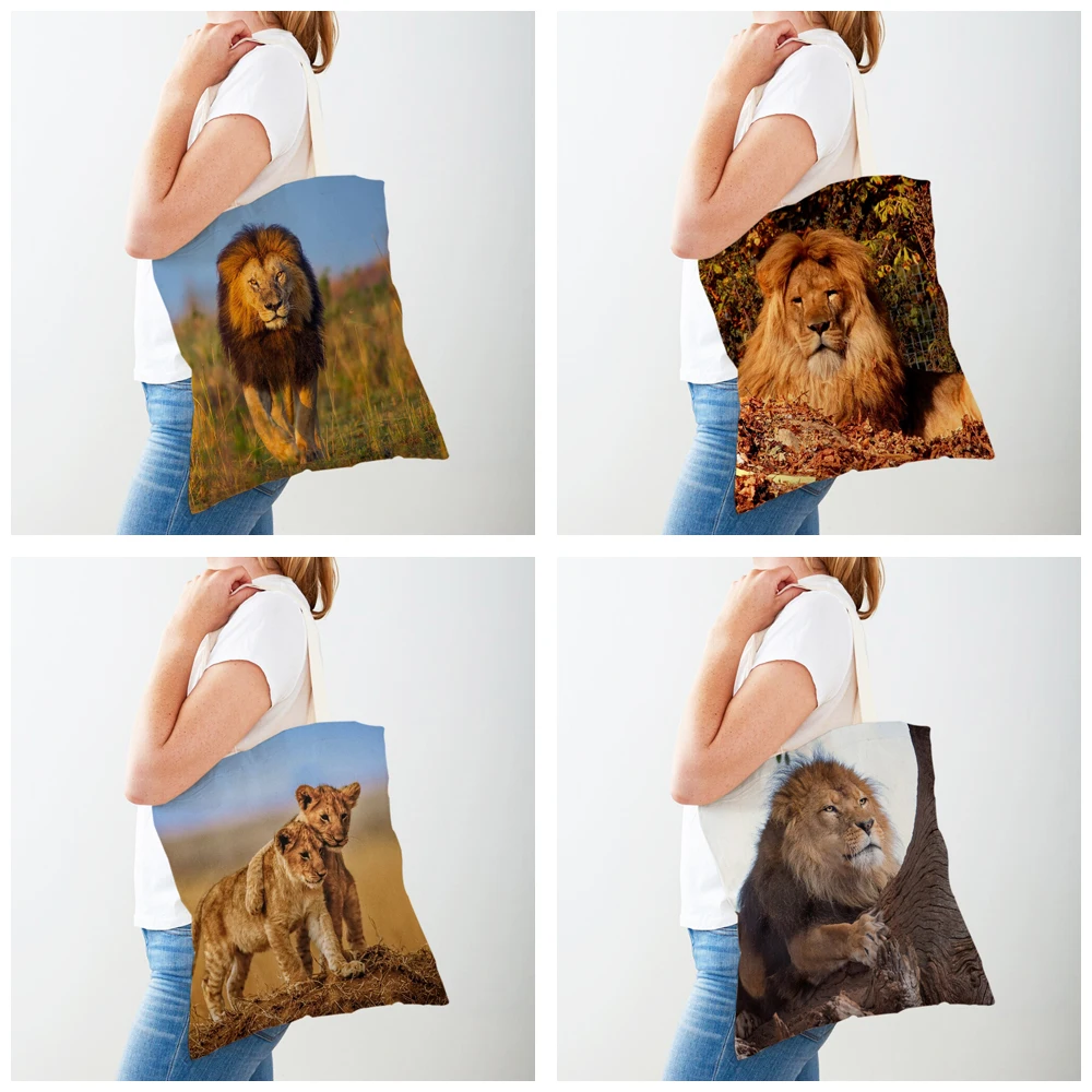 Double Print African Brave Lion Shopper Bag for Women Reusable Fashion Wild Animal Lady Shopping Bags Canvas Tote Handbag