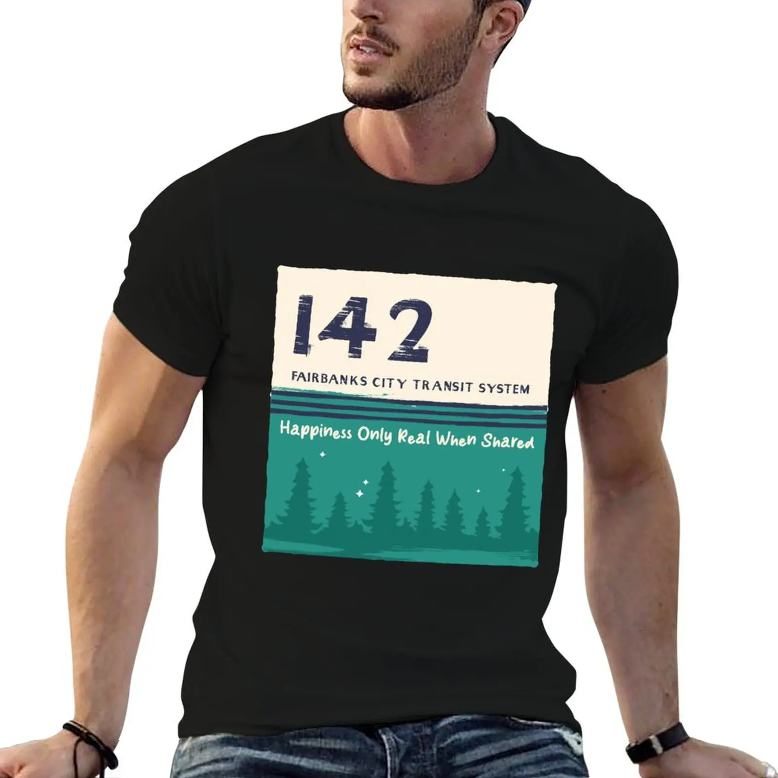Happiness Only Real When Shared Magic Bus 142 Type Design T-Shirt oversized sports fans Men's cotton t-shirt