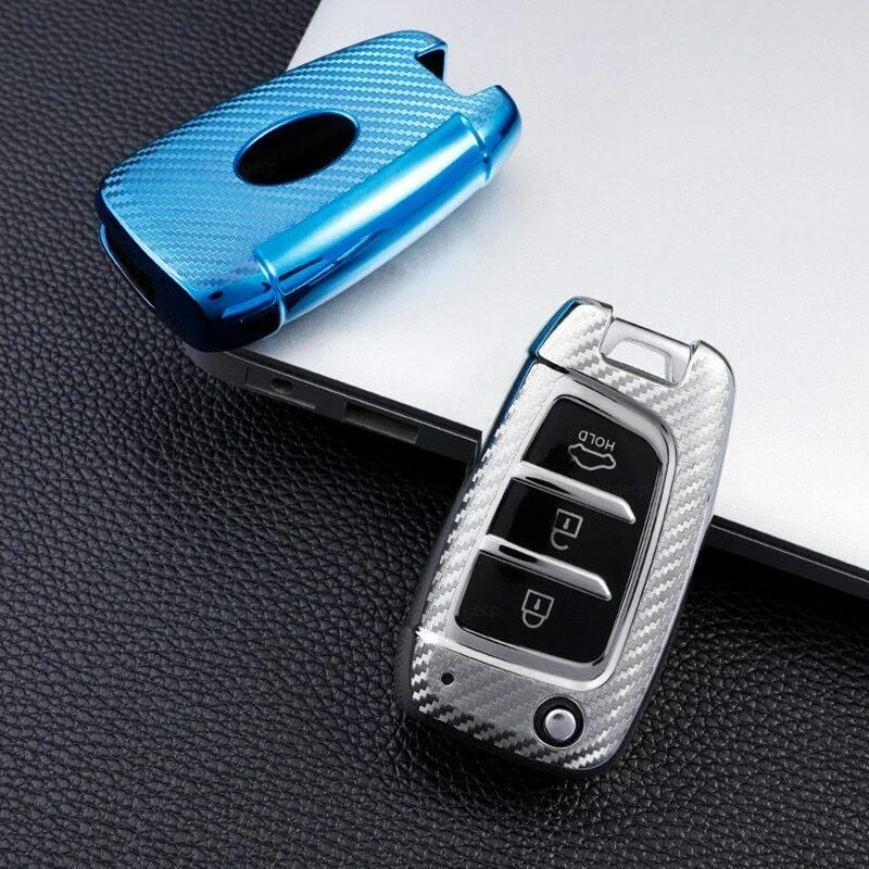 Car Decoration Carbon TPU Car Key Case Cover Fob per Hyundai Elantra Venue Accent ix35 3 Button blu/rosa/rosso/argento/verde